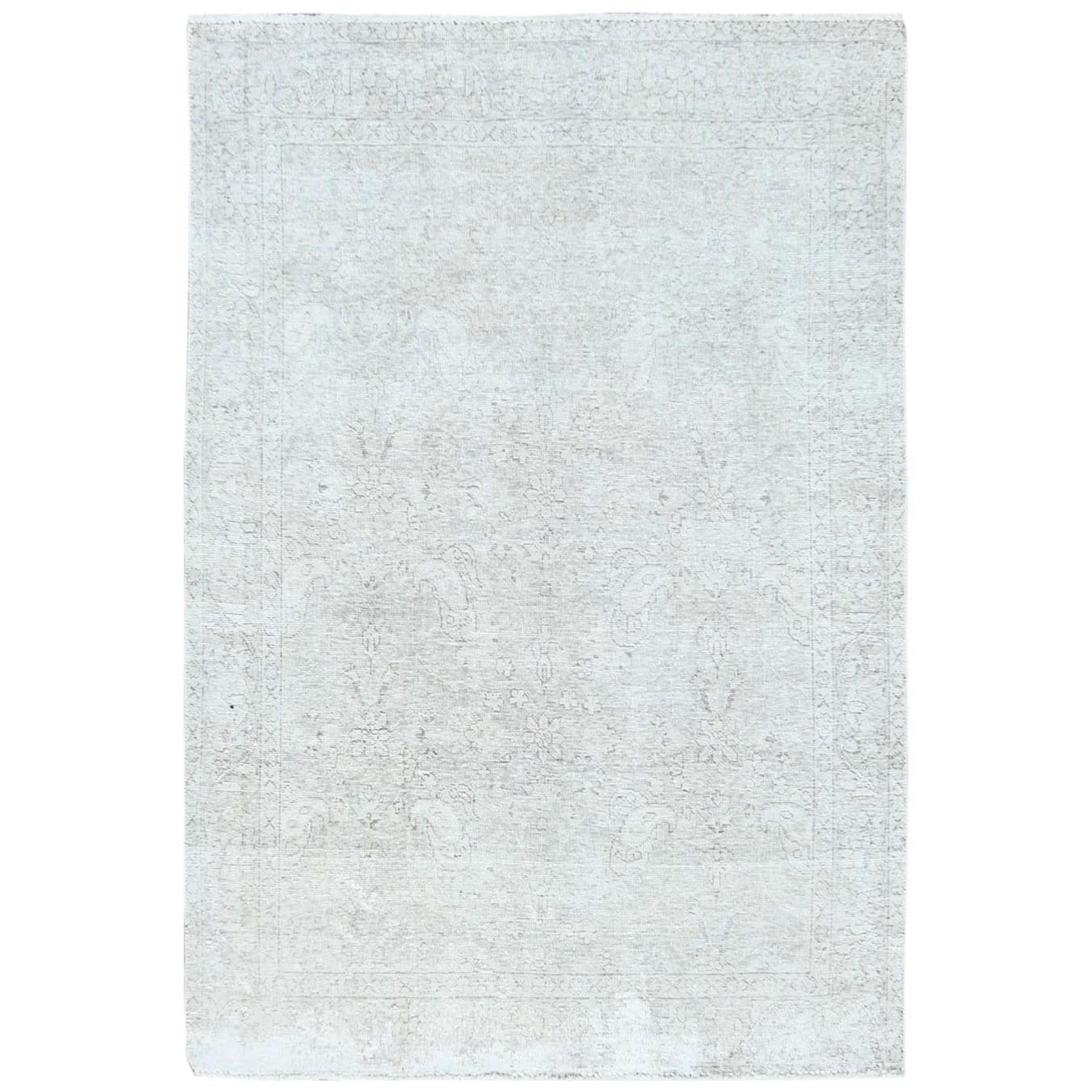 4'8"x6'2" Ivory, Hand Knotted Vintage Persian Tabriz Cropped Thin, Distressed Look Shabby Chic Worn Wool, Oriental Rug 